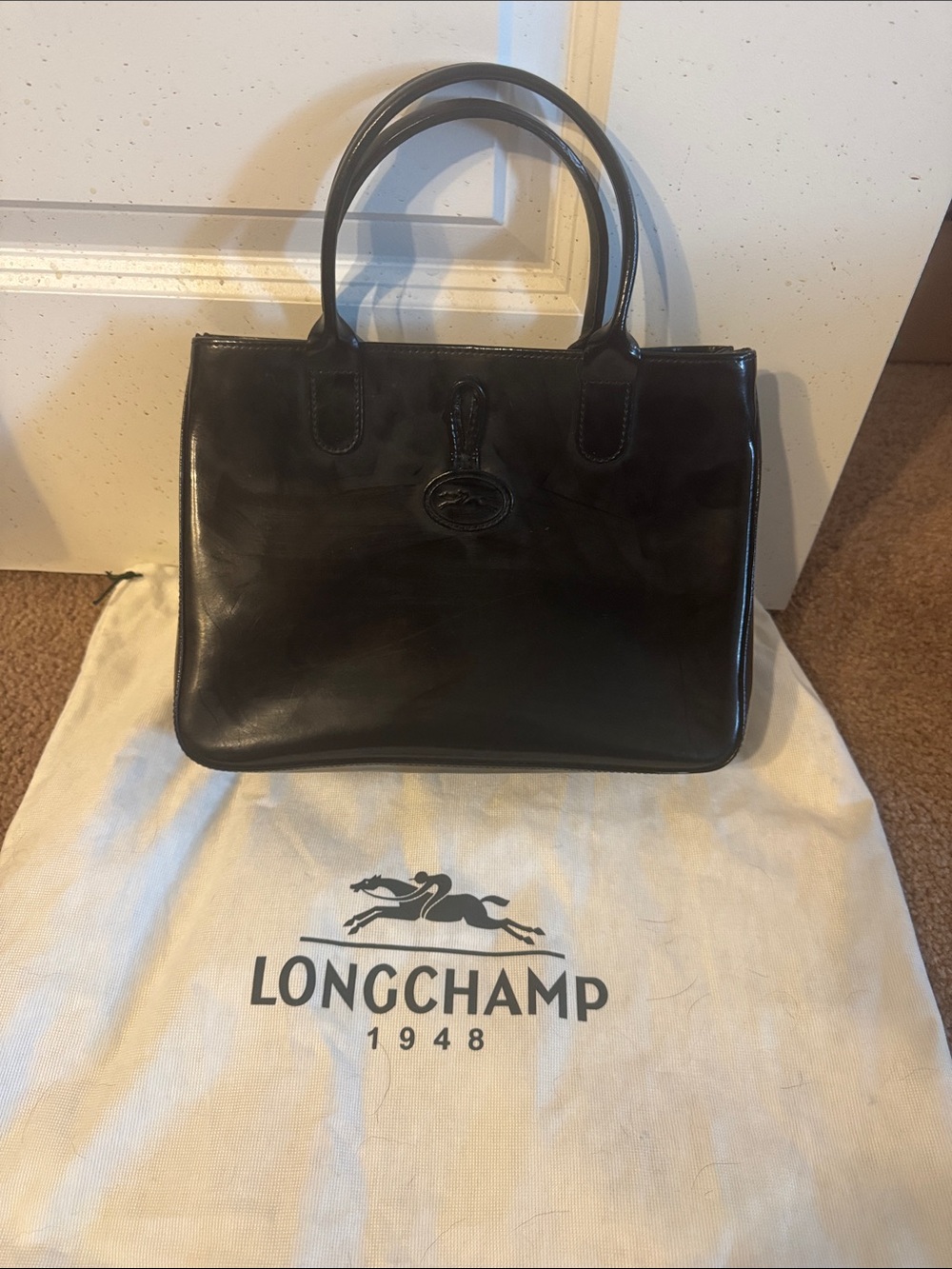 Roseau Longchamp Black Leather Tote with Top Handles